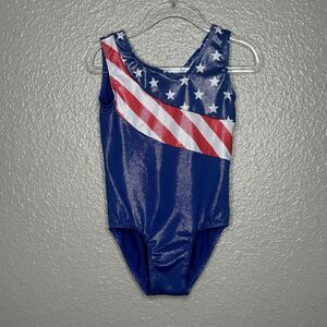 PATRIOTIC TEAM USA AMERICAN FLAG LEOTARD GIRLS SIZE 4 Red White Blue Foil